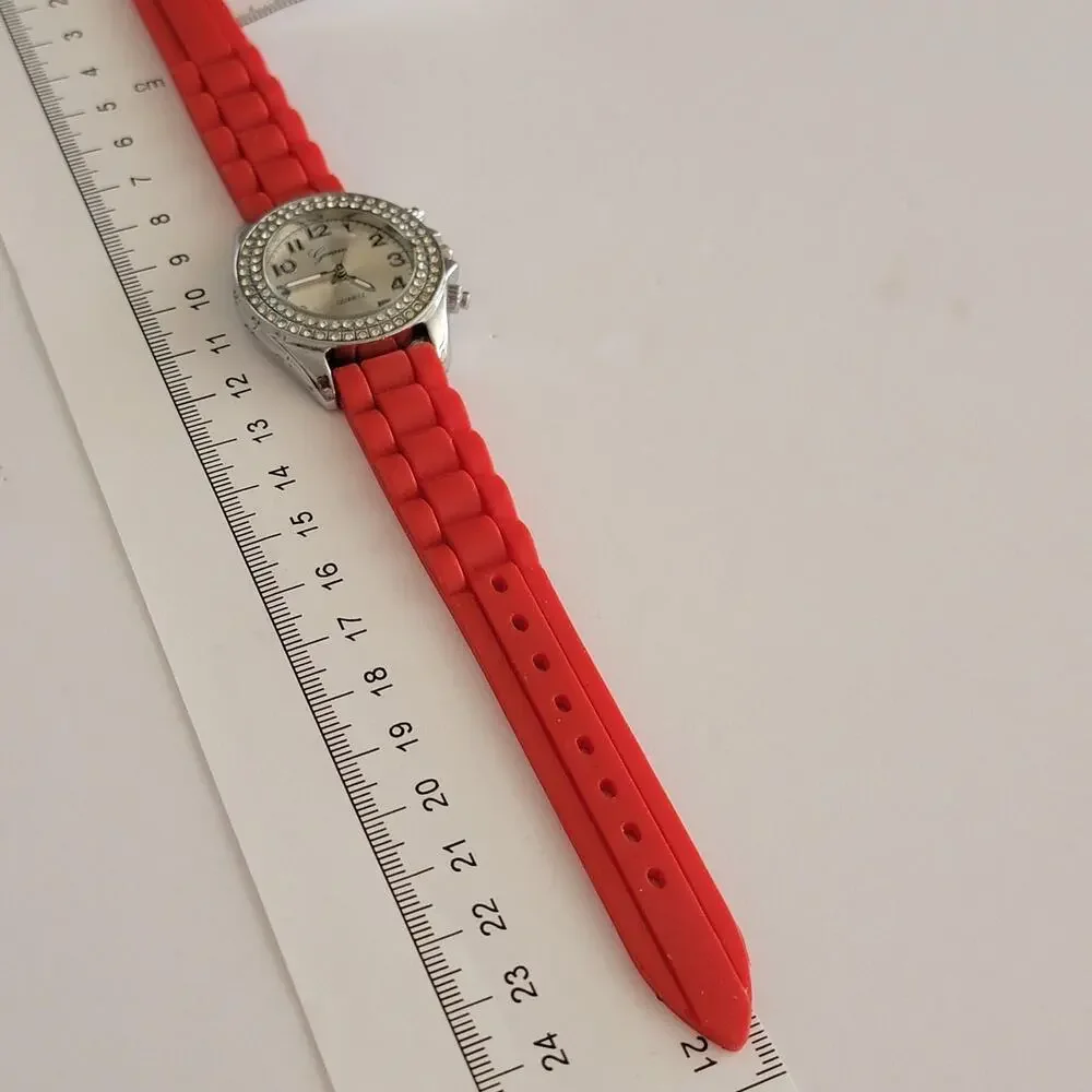 Geneva Womens Watch Silver Dial Silver Case Red Silicone Strap Quartz ZC-1111